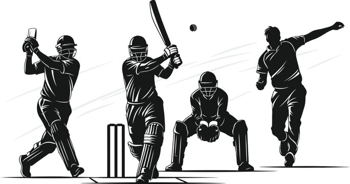 Dynamic cricket team in action, featuring batsman hitting ball, bowler throwing, wicket keeper catching, isolated on white background