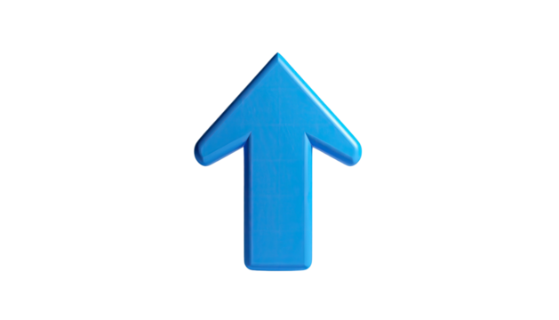 A bright blue, 3D arrow pointing upwards, set against a stark black background