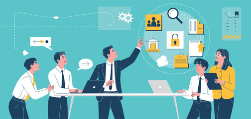 Business team discussing digital strategy with icons, laptops, and workflow graphics for corporate planning, data analysis, and collaboration concepts