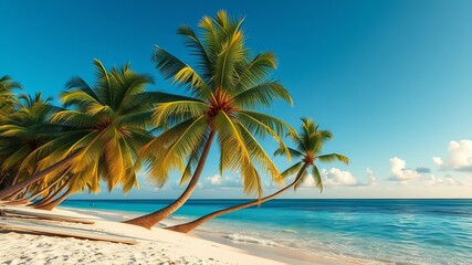 Palm trees sway gently in the breeze on a pristine white sand beach, overlooking the clear turquoise waters of a tropical paradise under a bright blue sky.