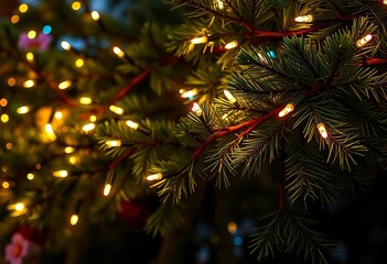 Twinkling fairy lights draped on evergreen branches, creating a warm, festive glow,  fairy lights,  glitter