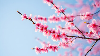 Delicate Pink Cherry Blossoms Blooming on Branches Against a Blue Sky pink flowers spring