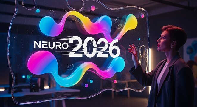 woman in suit interacting with a large digital screen displaying neuro 2026 text at a technology conference or event with colorful abstract graphics and futuristic design