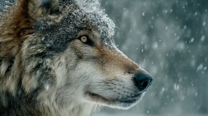 Obraz premium Majestic wolf stands still in snowy landscape during a heavy snowfall