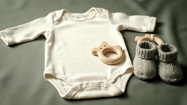 Beige Baby Bodysuit with Wood Toy and Small Knit Booties on Green Fabric
