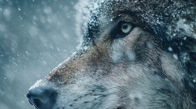 Wolf gazes piercingly through a snowstorm in a wintry forest scene during a quiet winter afternoon
