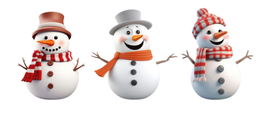 Cute snowmen in winter hats and scarves isolated on transparent background