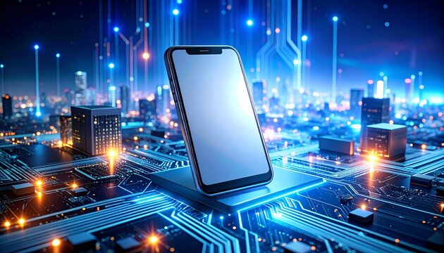 Abstract Smartphone Mockup Floating in a Glowing Digital Network Landscape