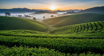 Rolling green tea plantations bathed in the soft morning sunlight with mist clinging to the valleys.