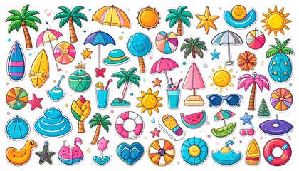 Fototapeta premium Cheerful illustrated collection of various summer-themed objects