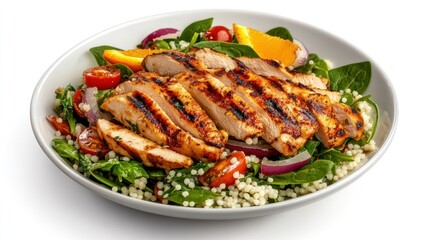 Grilled chicken salad with couscous and vegetables.