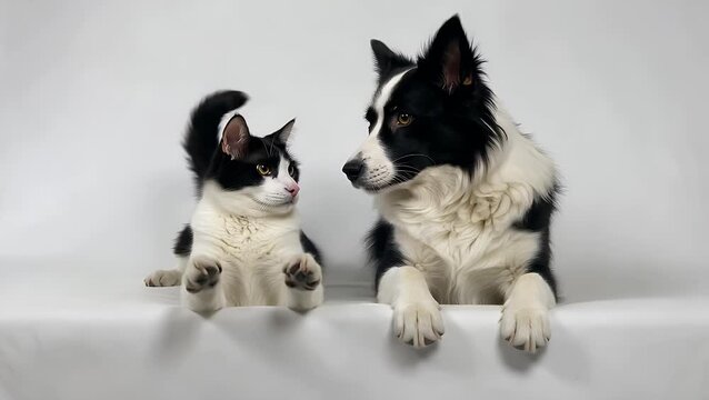 Domesticated Animals Promotional Banner Featuring a Feline and a Canine Breed Leaning Over a Plain White