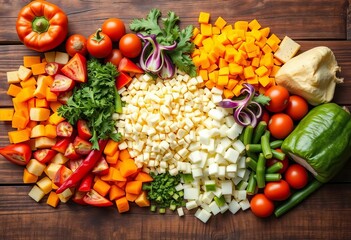 Vibrant collage of various chopped vegetables on rustic wood,  vitamin,  overhead shot
