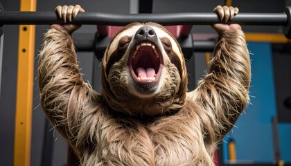 Naklejka premium Humorous portrayal of a sloth weightlifting in a gym setting during workout