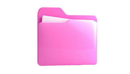 A bright pink, glossy folder holding two white papers, against a black background