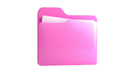 A bright pink, glossy folder holding two white papers, against a black background