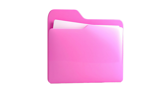 A bright pink, glossy folder holding two white papers, against a black background