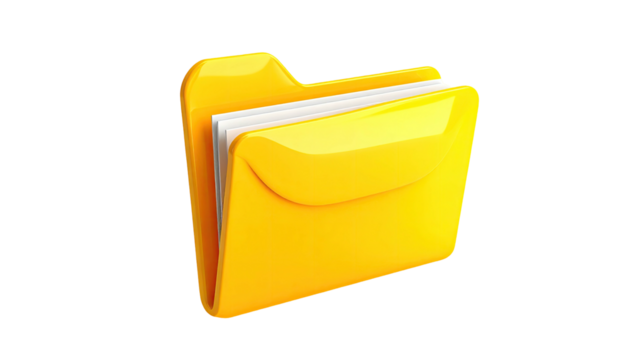 A vibrant, glossy yellow folder icon filled with crisp white papers on black