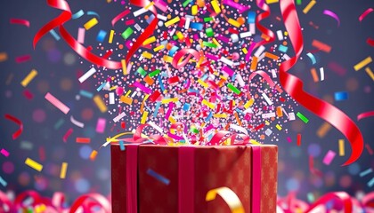 Vibrant confetti bursts from a opened present, ribbons cascade, artwork, balloons