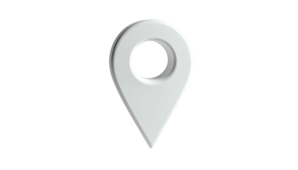 White 3D location marker pin with a circular hole, on a stark black backdrop