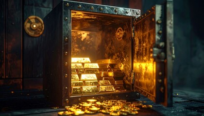 Shiny gold bars stacked inside an open metal vault illuminated with warm golden light, symbolizing wealth, finance, treasure, and prosperity.