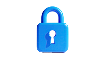 A simple, neon-blue, 3D-rendered padlock icon isolated against a black background