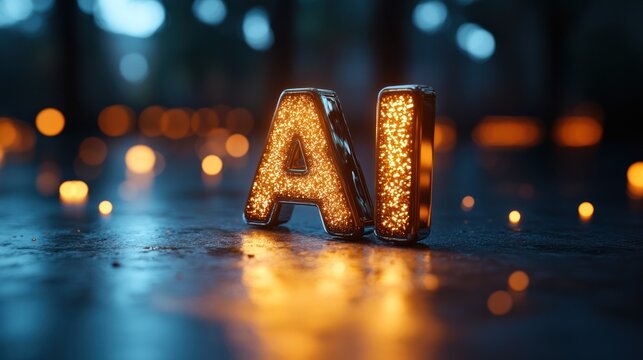 Illuminated AI: A glowing representation of AI letters on a reflective surface, symbolizing the fusion of technology and innovation in a captivating artistic display.