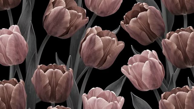 Floral Tulips Pattern on Black Background in Pastel and Earthy Tones