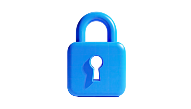 A simple, neon-blue, 3D-rendered padlock icon isolated against a black background