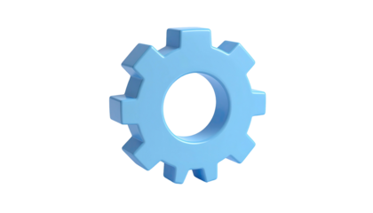 A light blue, 3D gear icon floats against a stark black background