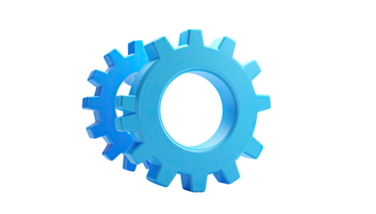 Two light blue interlocked gears against a black background, 3D rendering