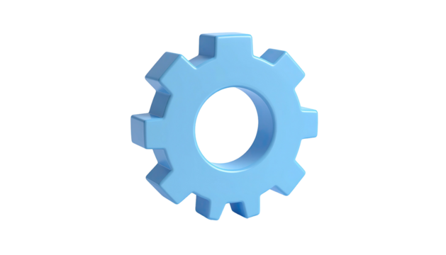 A light blue, 3D gear icon floats against a stark black background