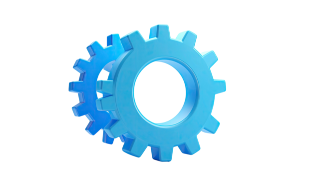 Two light blue interlocked gears against a black background, 3D rendering