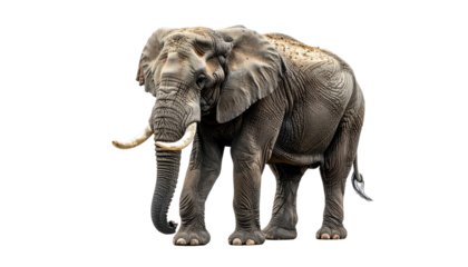Majestic elephant stands, showcasing large tusks and textured skin, on a black backdrop