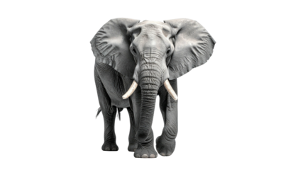 A majestic elephant walks forward, its large tusks and ears prominent against black