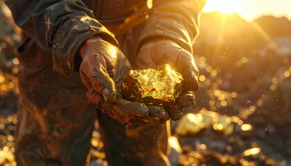 Close-up of a miner’s muddy hands holding a shiny gold nugget under warm sunset light, symbolizing hard work, discovery, and precious wealth.