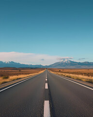 Fototapeta premium long road, mountain landscape, blue sky, open highway, scenic view, travel background, asphalt road, nature scenery, mountain road, clear sky, empty road, distant mountains, straight road, road trip, 