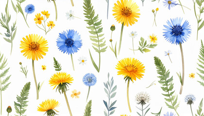 Floral Symphony: A vibrant tapestry of delicate wildflowers, their petals painted in hues of sunshine yellow, sky blue, and verdant green, creating a visual symphony of natural beauty.