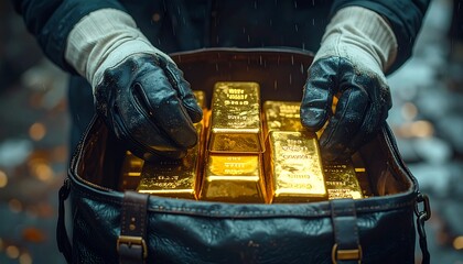 Hands wearing gloves placing shiny gold bars into leather bag