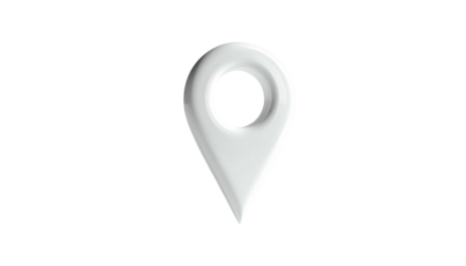 Glossy, 3D white location pin icon floating against a black background