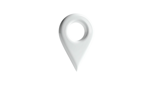 Glossy, 3D white location pin icon floating against a black background - Powered by Adobe