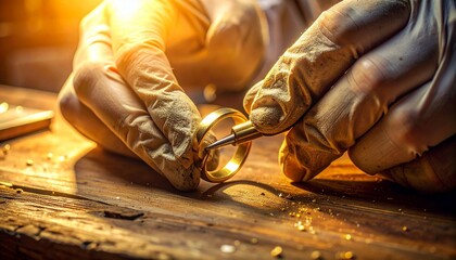 Jeweler crafting golden ring with precision under warm light