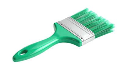 Angled, close-up of a glossy, mint-green paintbrush, isolated on black