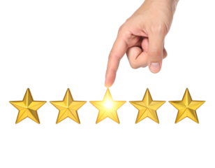 Close-up of a finger pushing a five-star rating button on a digital interface, symbolizing online review, service quality, and customer satisfaction.