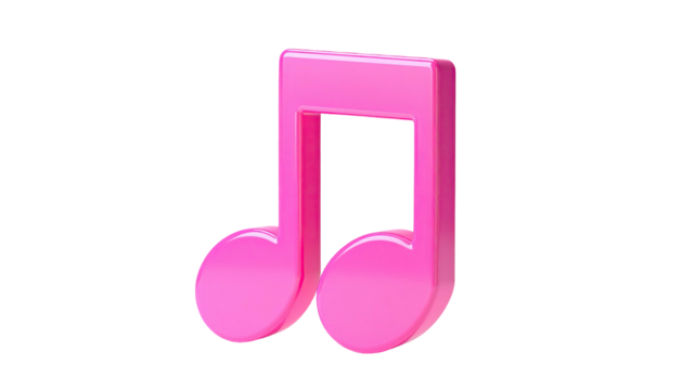 A pink 3D musical note floating against a black background, glossy finish