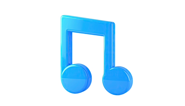 A glossy, blue 3D music note floats against a stark black background