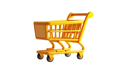 Rendered, bright yellow shopping cart floating against a solid black background