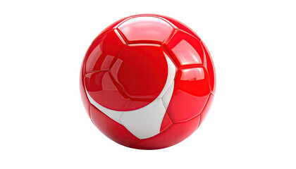 A glossy red soccer ball with a white crescent design isolated against black