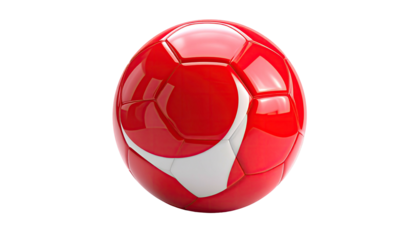 A glossy red soccer ball with a white crescent design isolated against black
