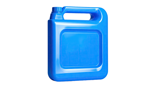 Shiny blue plastic container with handle and screw-top against black